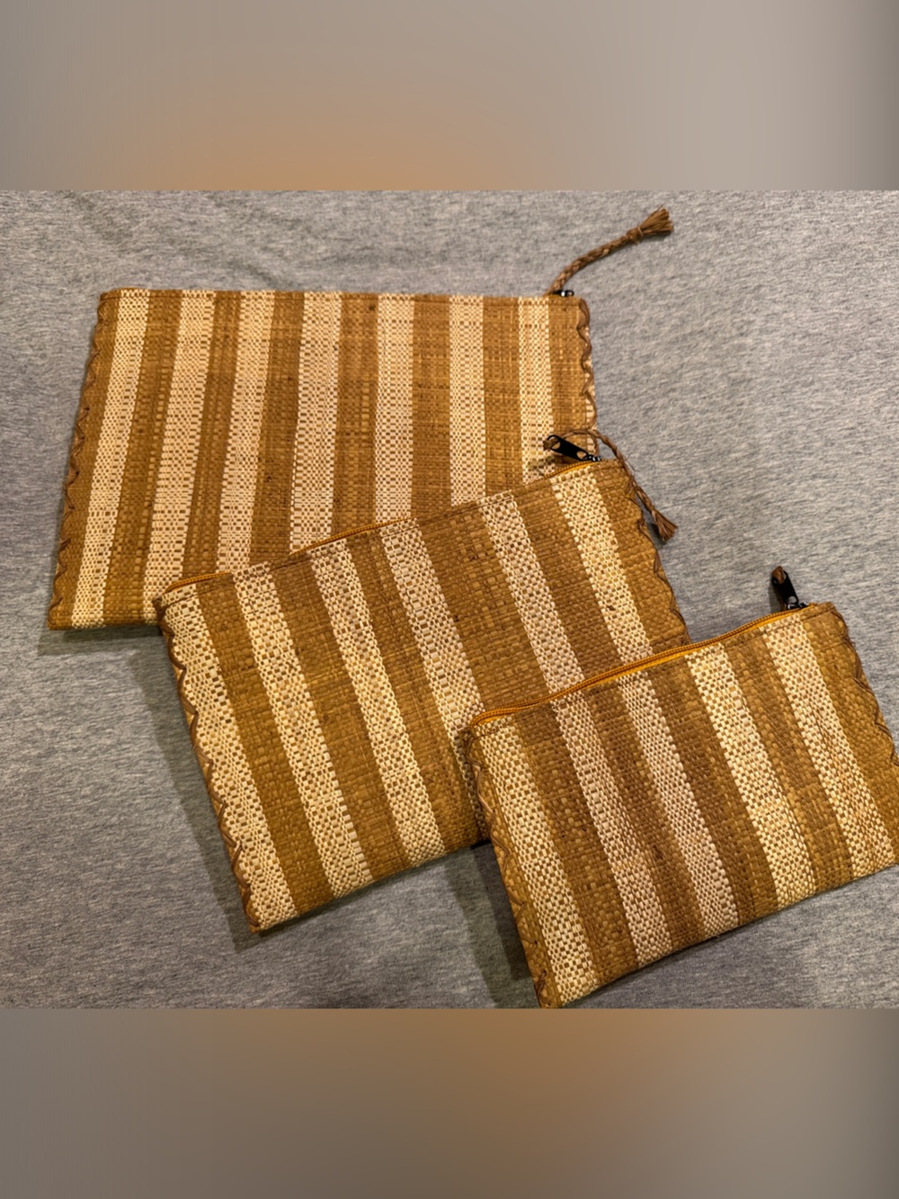 Striped Woven Raffia Straw Pouch Set - Brown & Cream Handmade in Madagascar